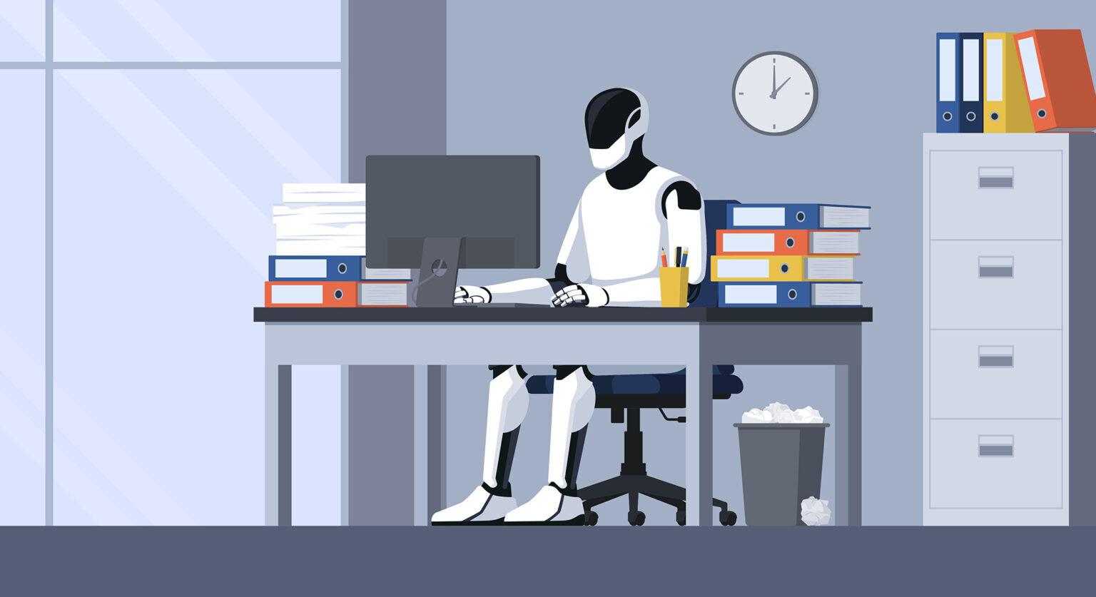 A robot sits at a desk working on the computer surrounded by business files