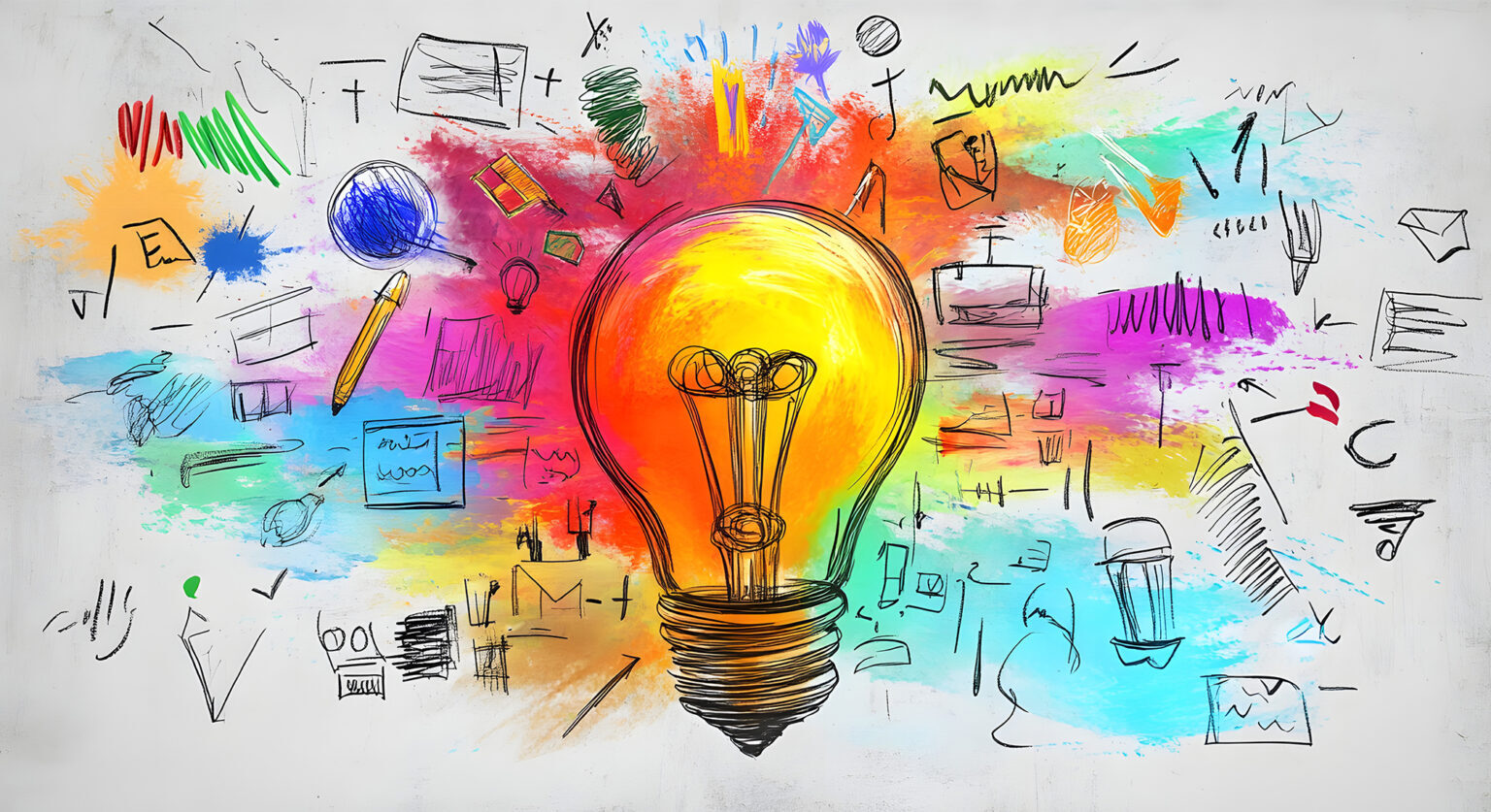 A sketched lightbulb with an explosion of colour coming out of it