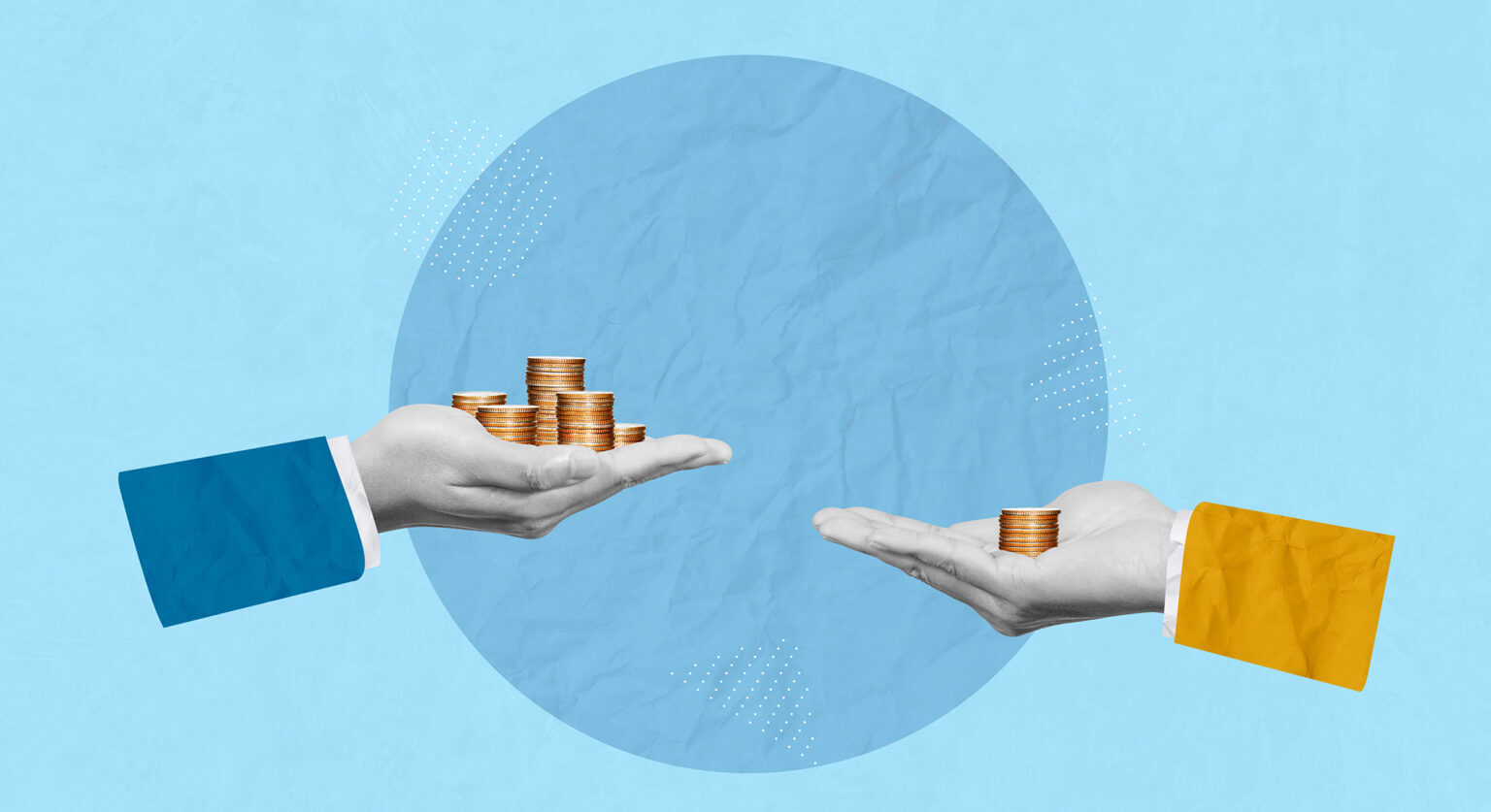 Two hands holding coins extended towards each other.