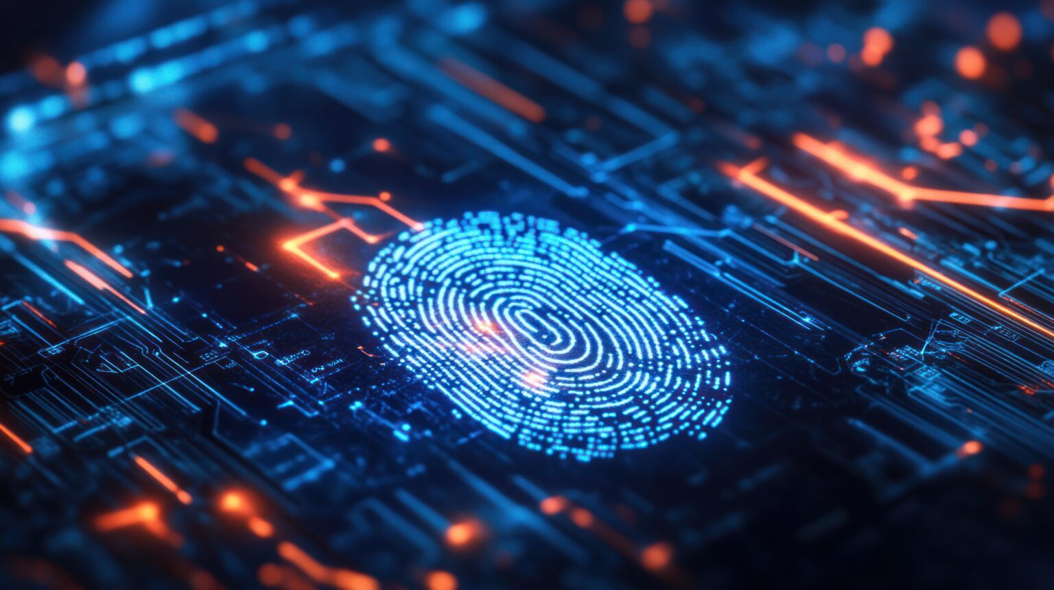 A luminous digital fingerprint sits at the heart of a high-tech circuit board, radiating an aura of security and intricate technology.