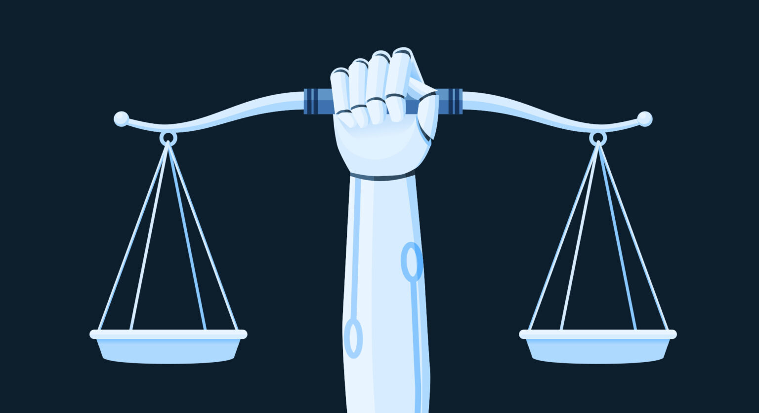 A robot arms holds up a justice scale