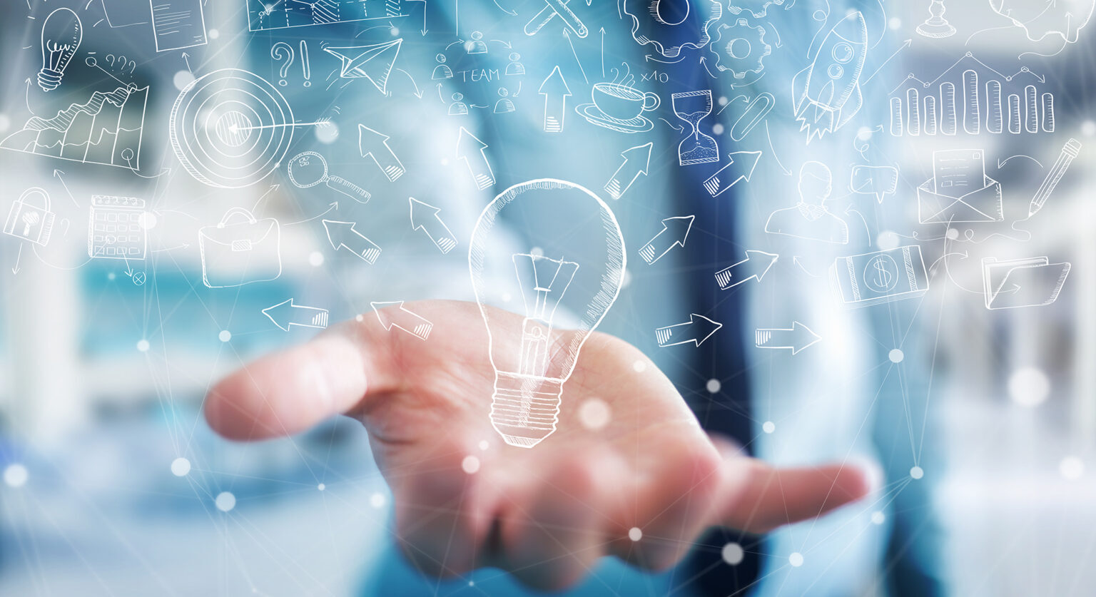 An extended hand with a floating lightbulb above it