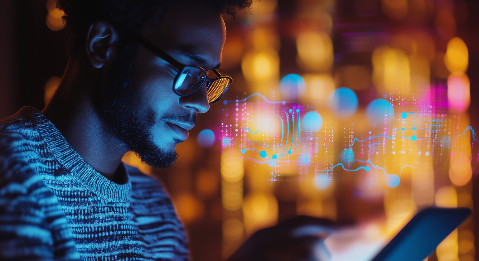 Man looking at a tablet that has media icons in pink and blue coming out of it