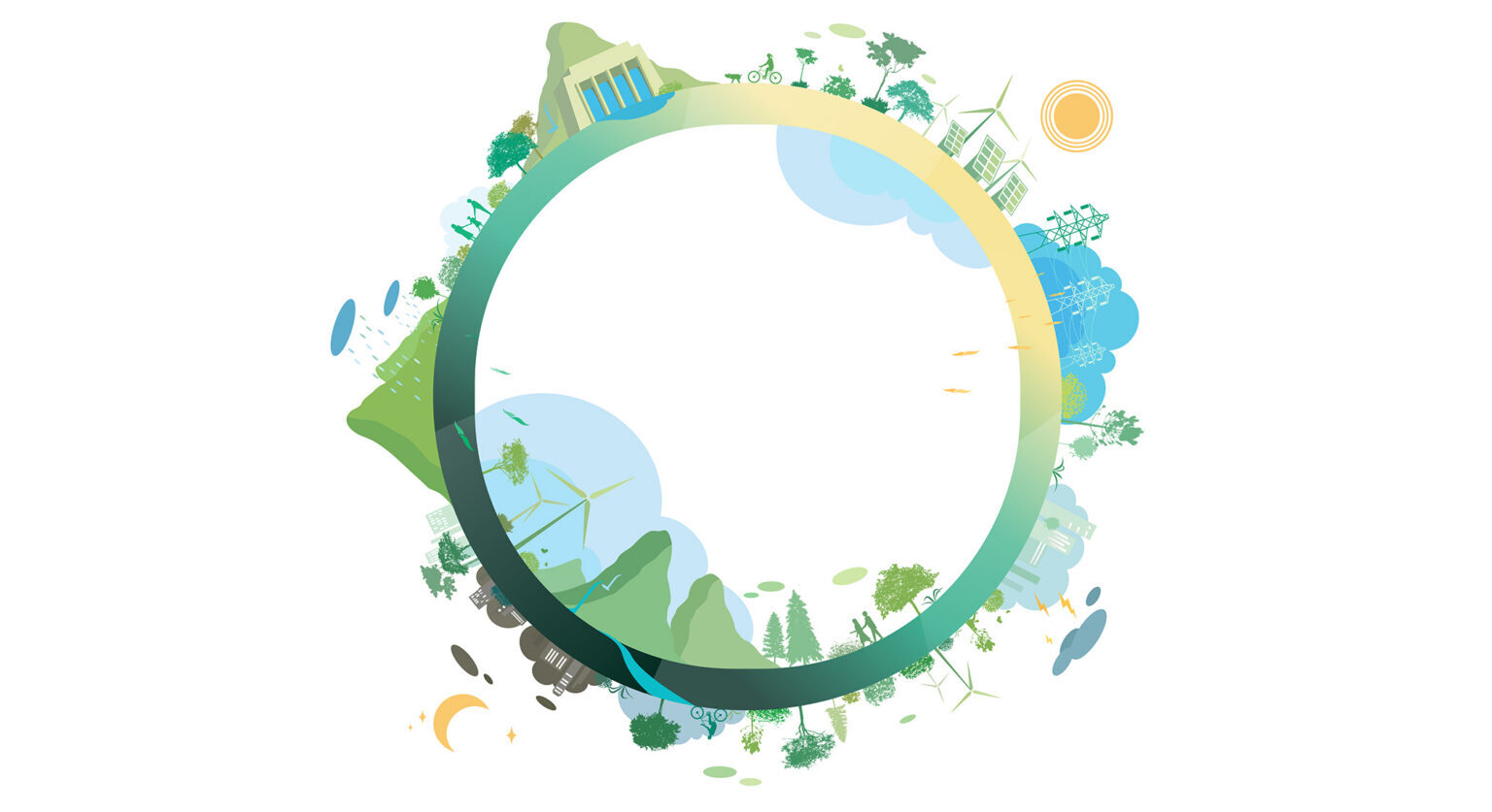 A green and yellow circle representing the earth and on its surface, mountain ranges and trees and nature