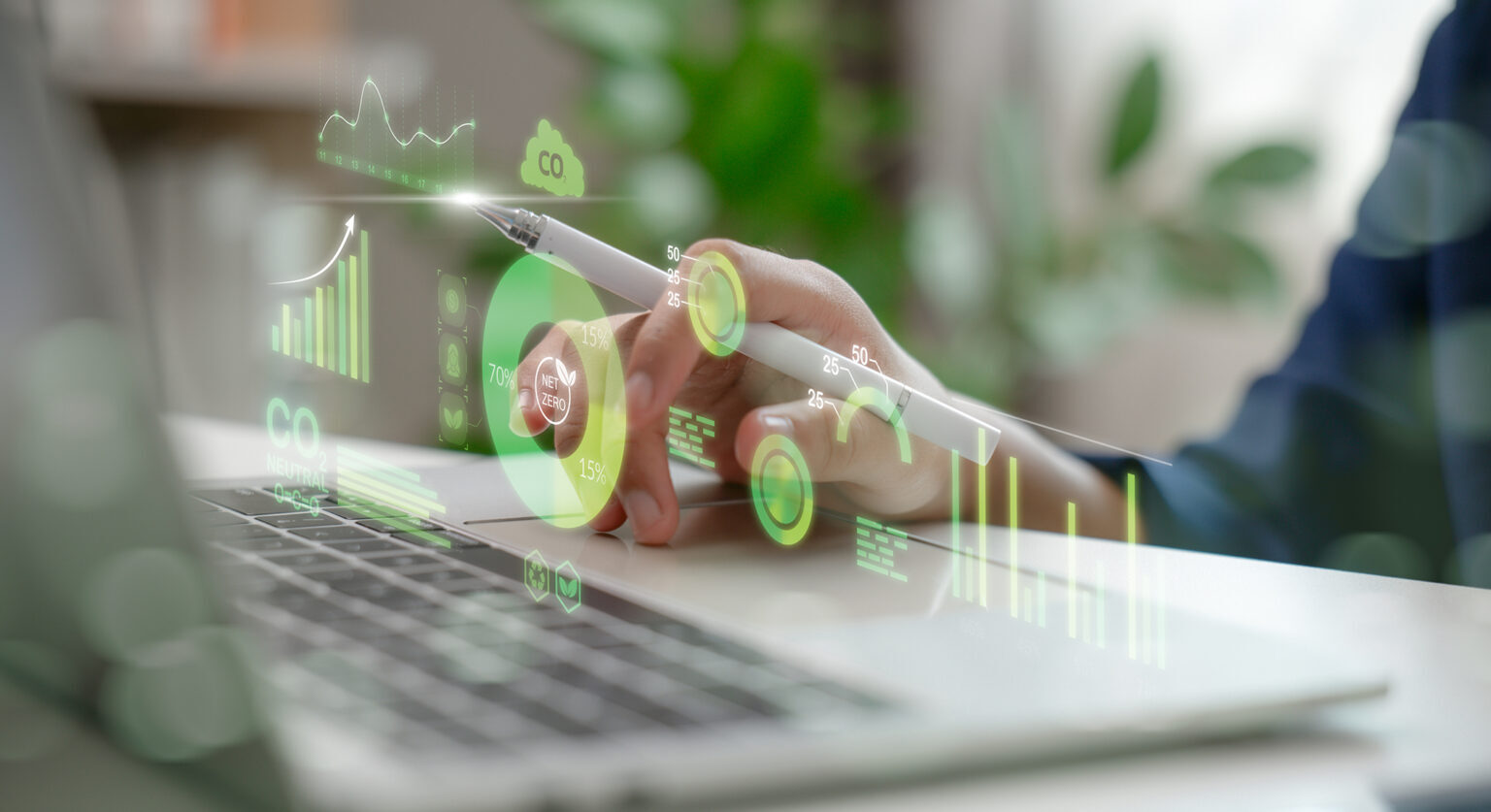 A laptop with ESG symbol in front of it