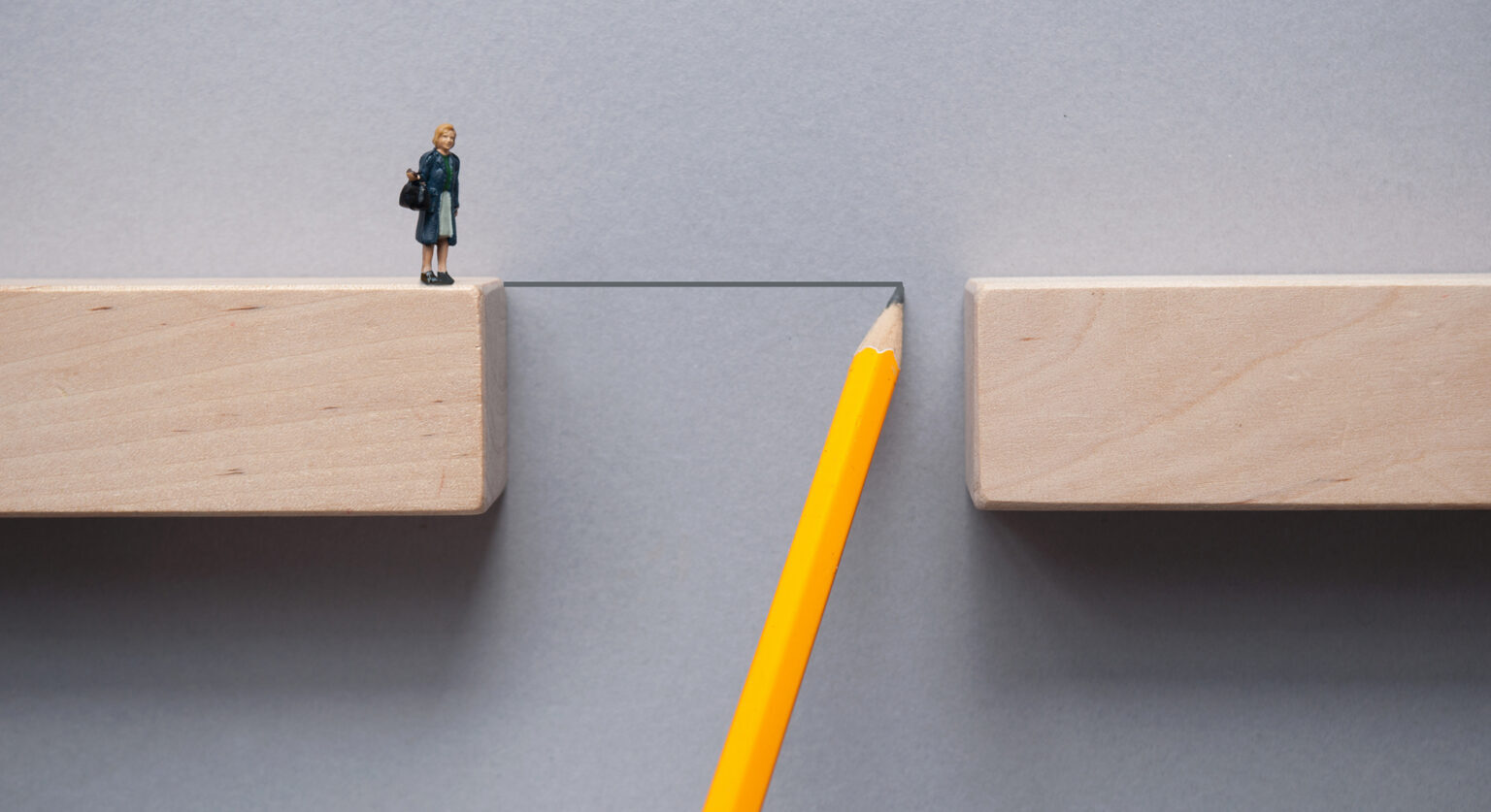 A woman standing on a platofrm, and a pencil is drawing a line on the wall behind her to the other platform. The line doesn
