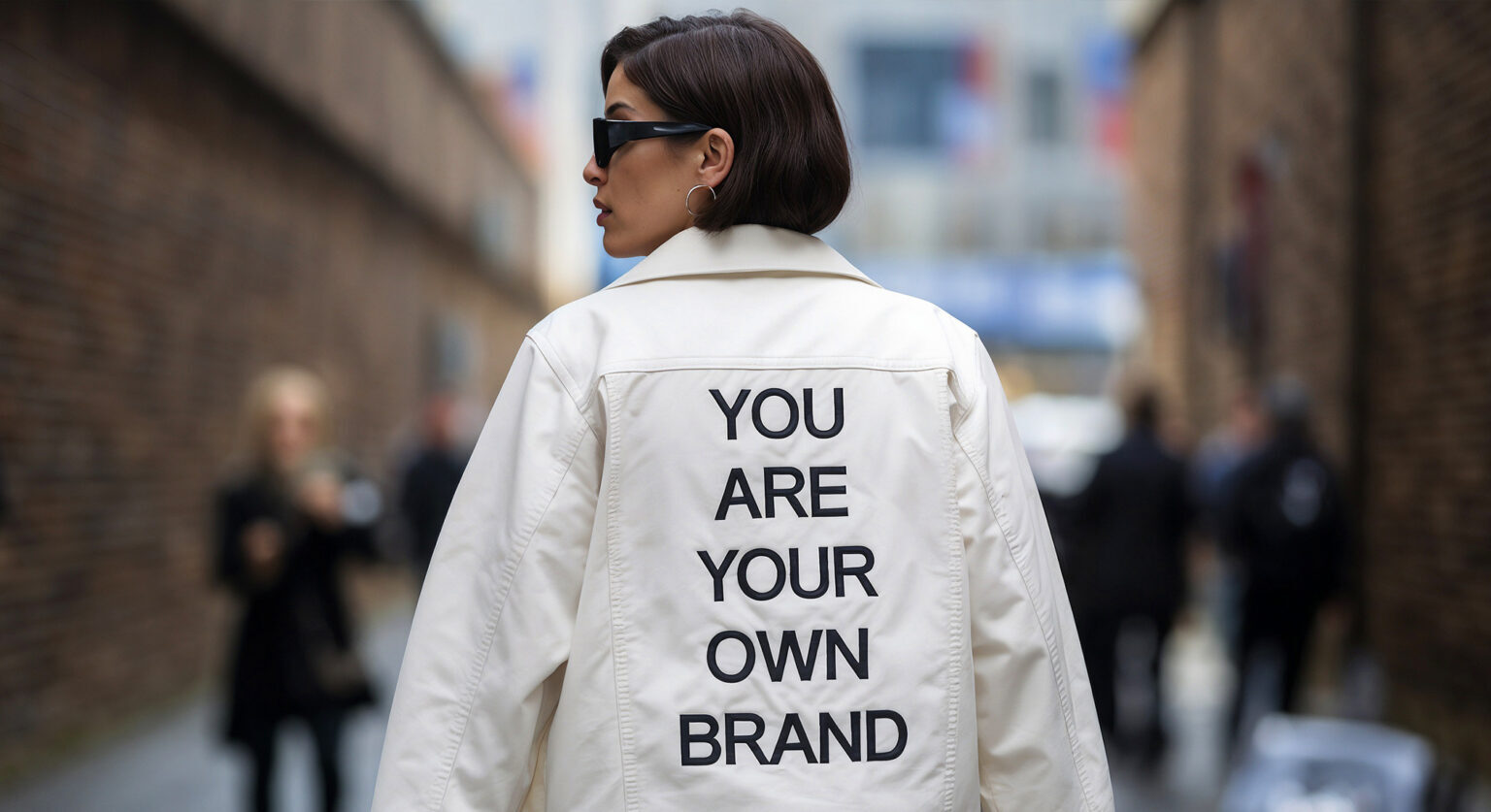 Fashionable woman wearing a jacket that says 