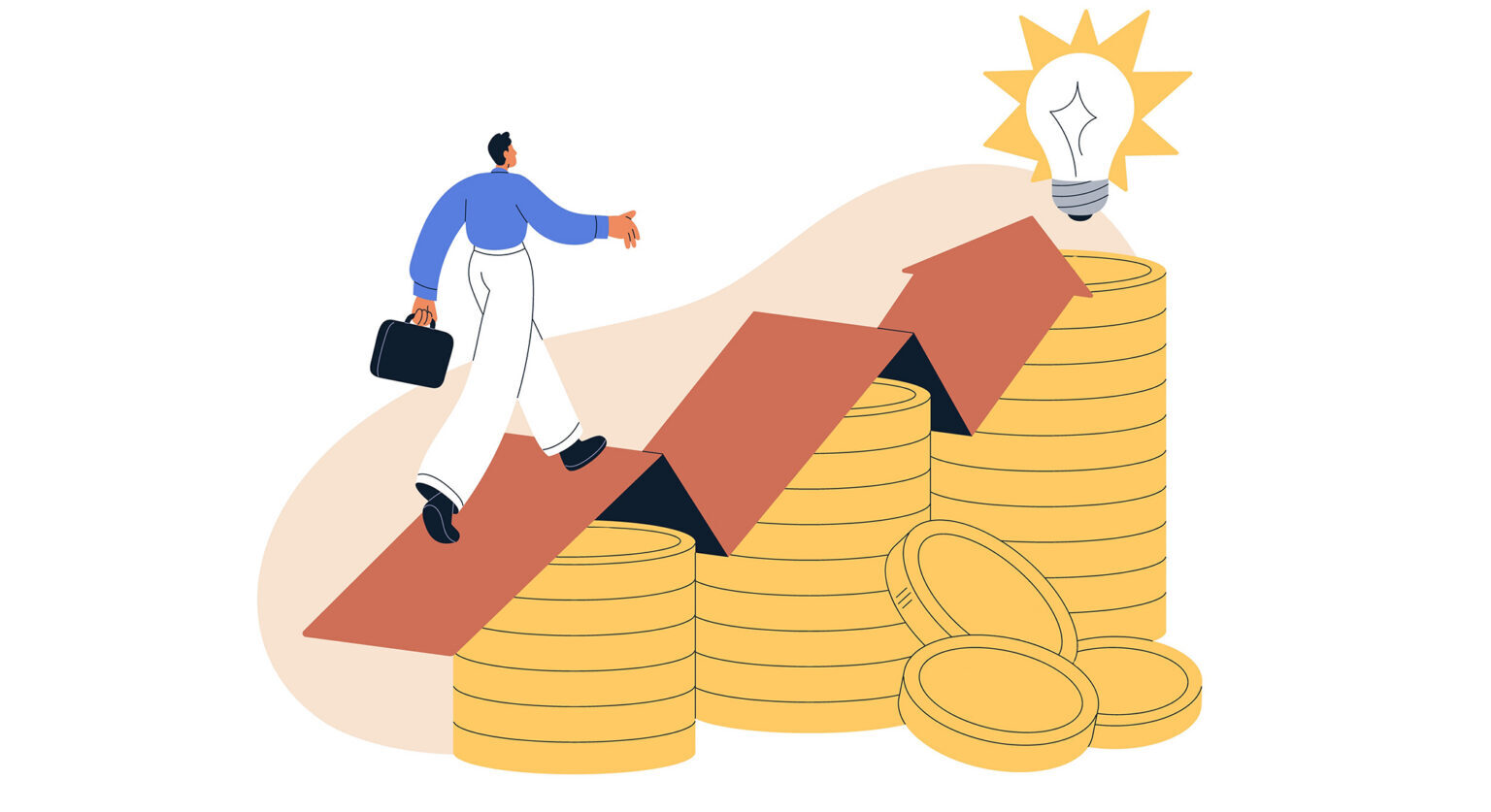 A man climbing up stares made of coins towards a lightbulb