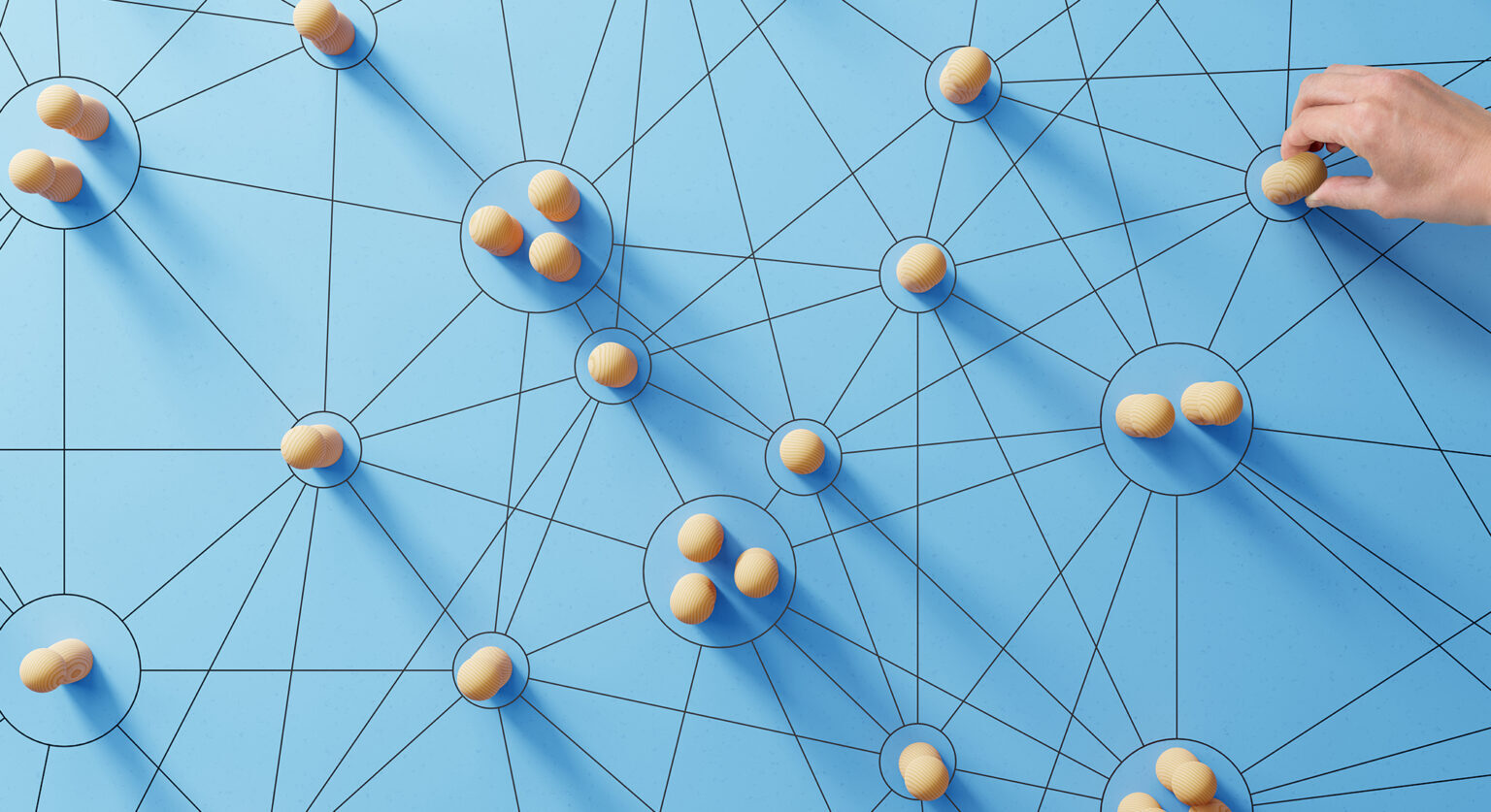Several balls on a table, all connected by lines between them
