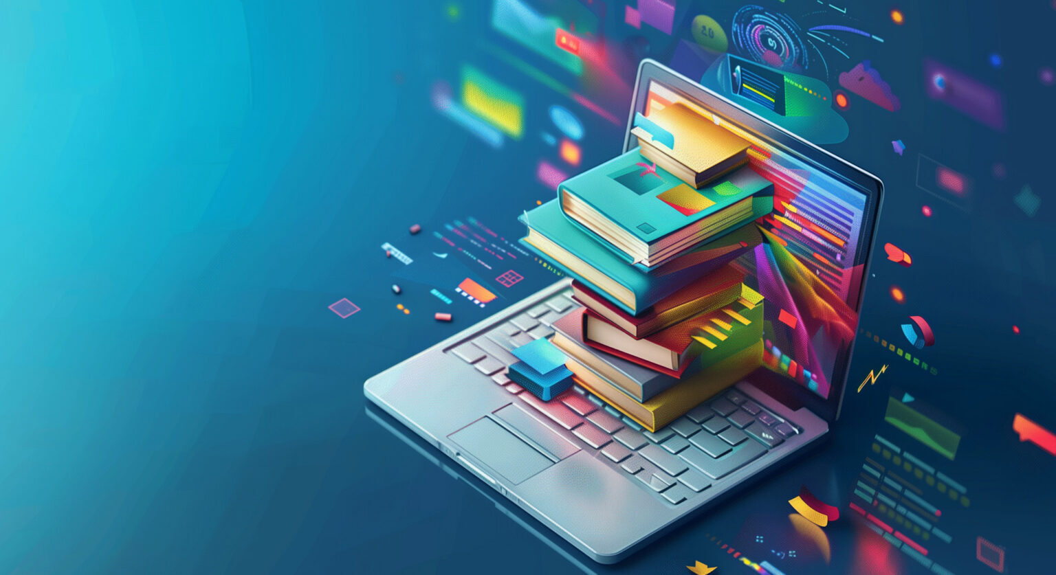 An open laptop with books piled on top of the keyboard