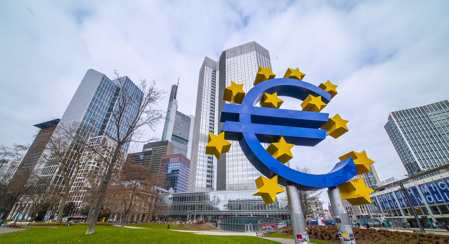 A large euro symbol outside of the ECB