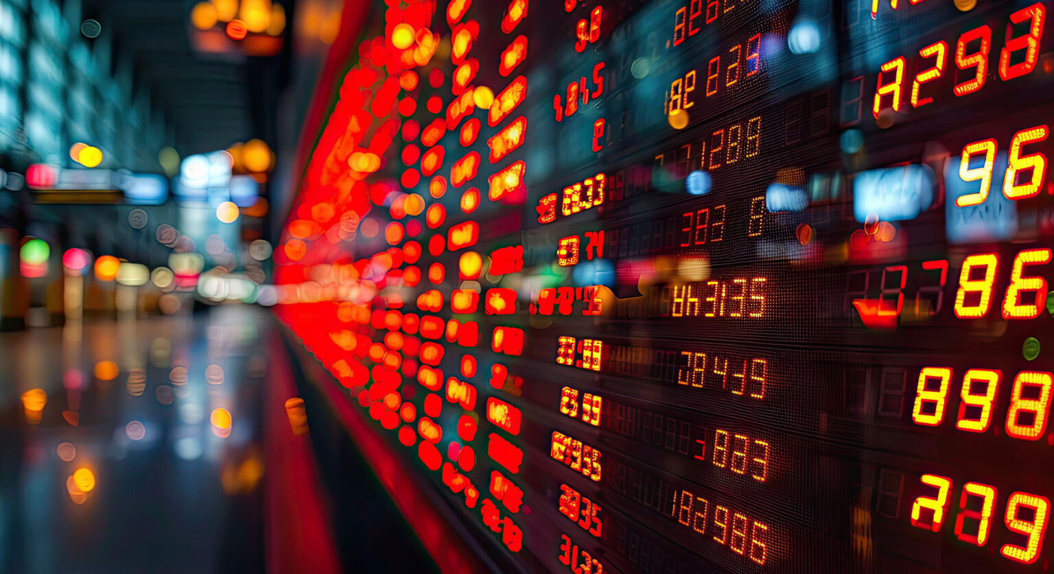 A light up board of numbers listing stock prices