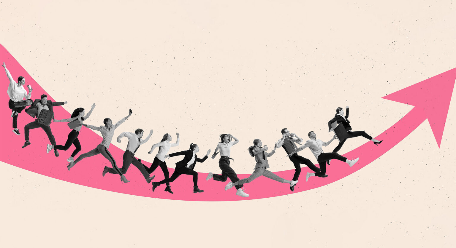 Business people running on a pink, illustrated arch