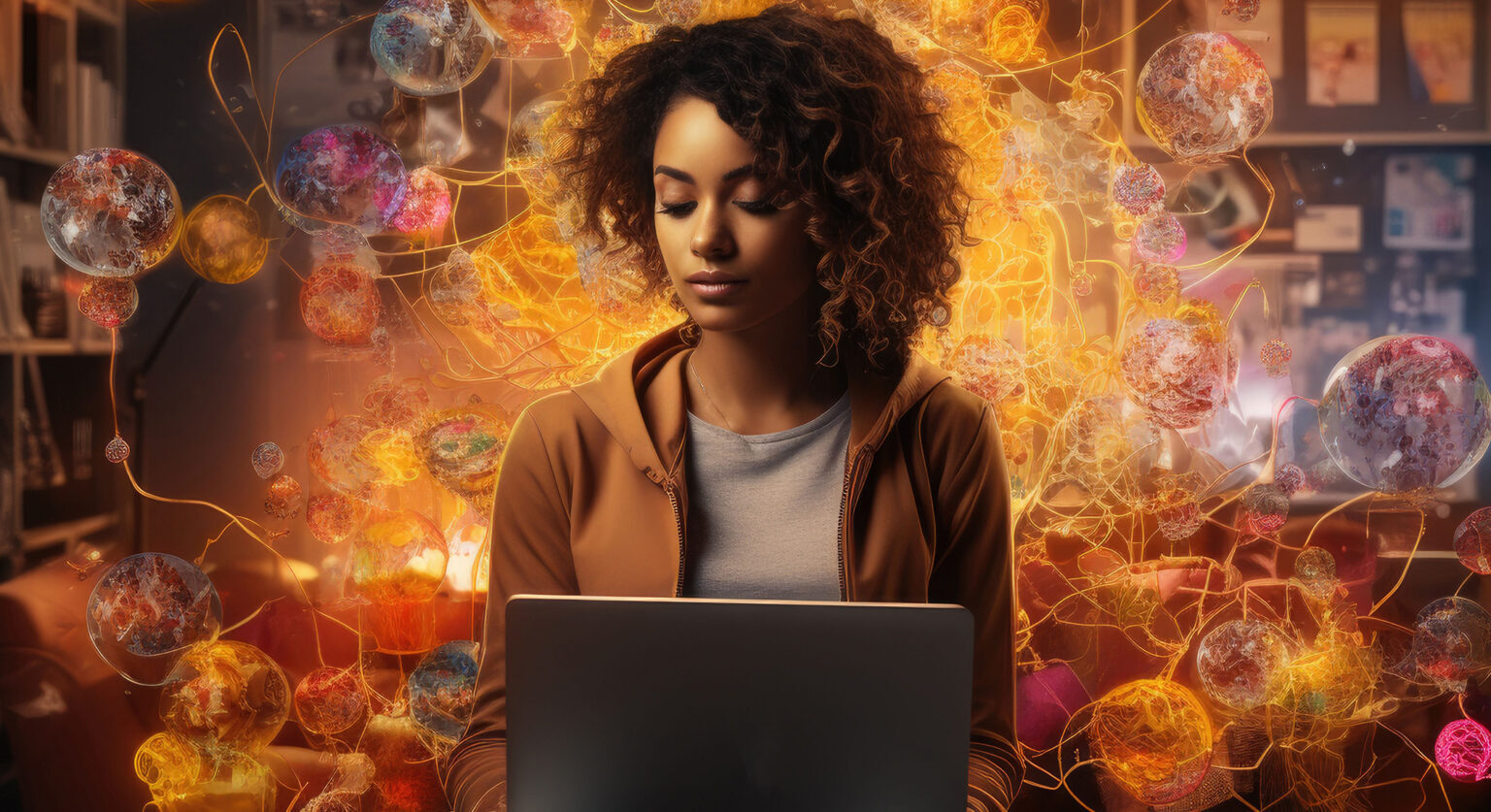 A woman sits in front of her computer