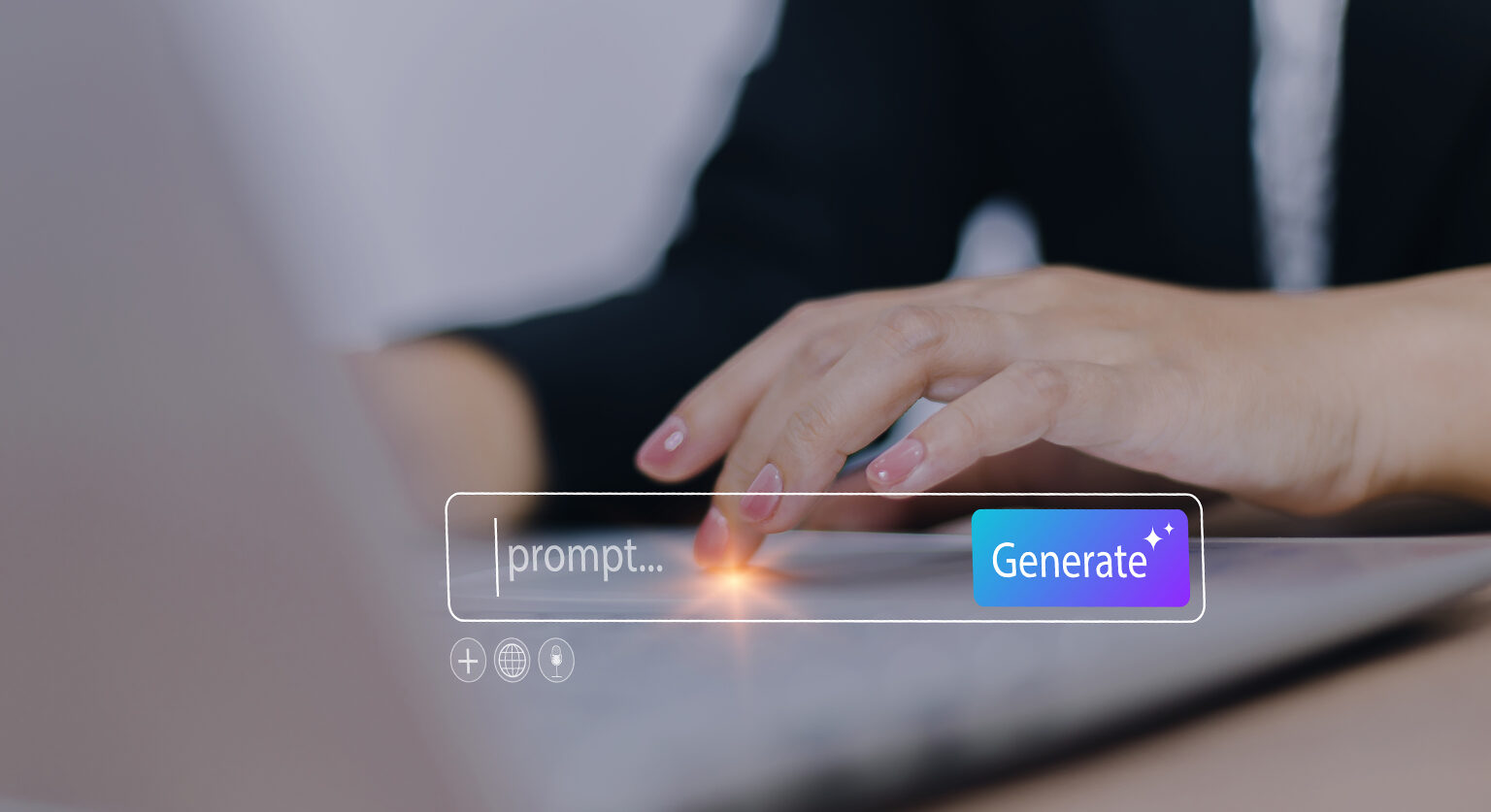 a woman typing on a computer with a box for an AI prompt to be typed in