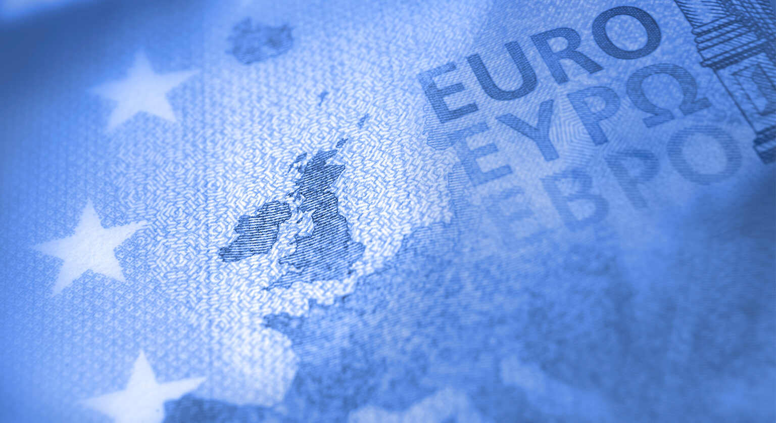 A close up image of a euro note with a focus on Britain and Ireland
