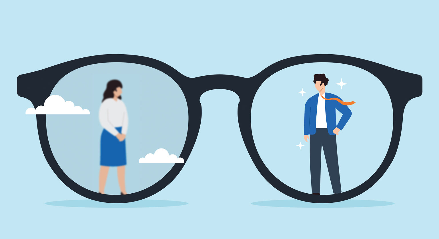 Through a pair of glasses, one lens sees a woman who is blurry. The other lens sees a man who is clear.