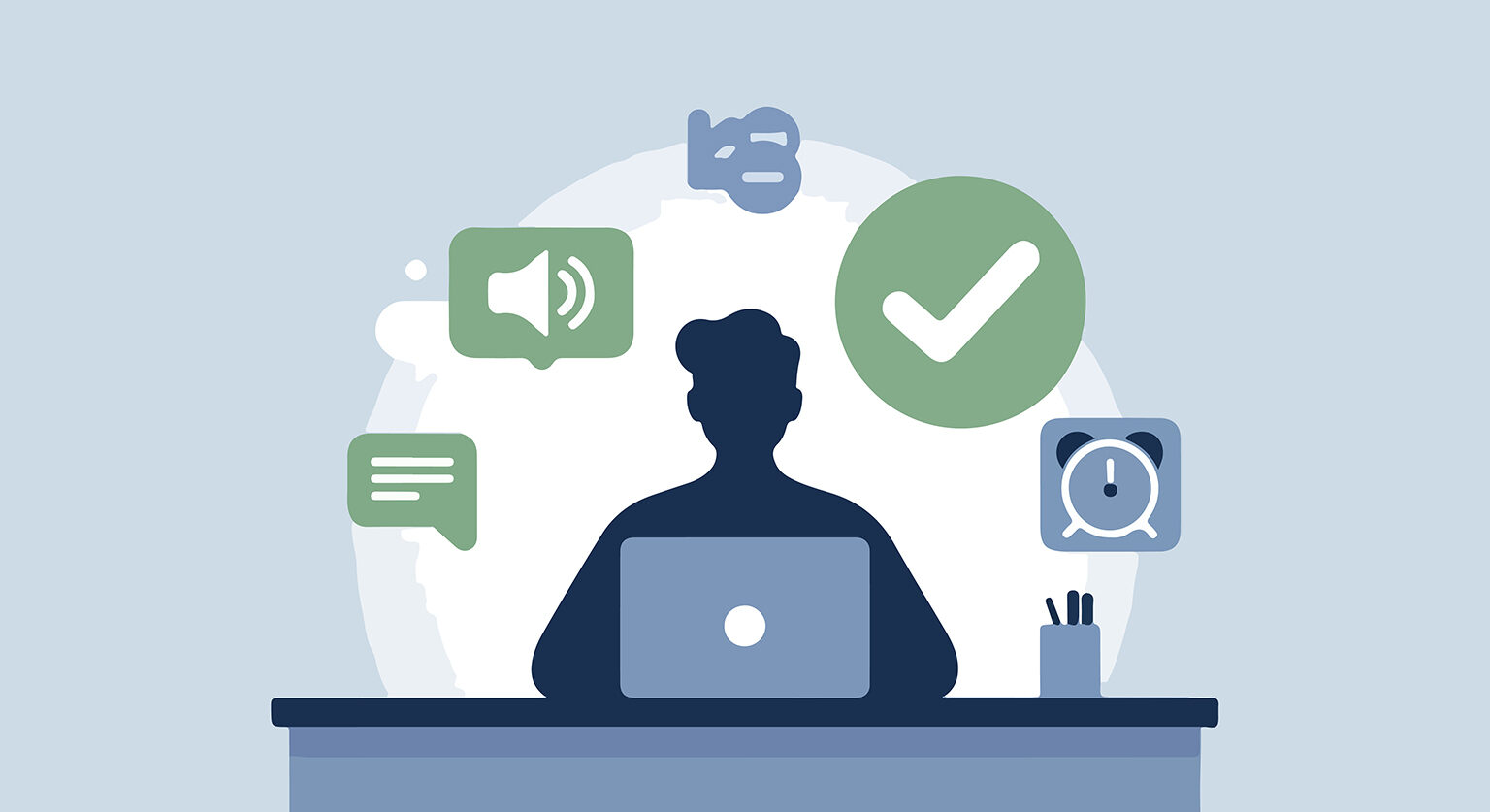 A man at a computer with various things around him that could indicate how he needs to work