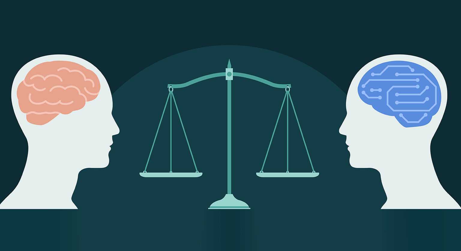 A man with a brain and a robot with AI face each other with a legal scale between them