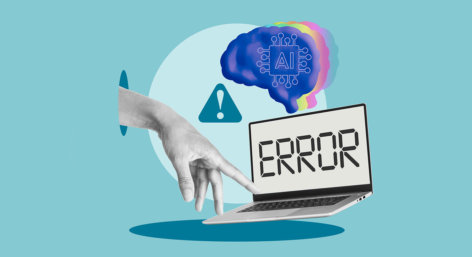 A hand pressing a key on a laptop and the word error on the screen