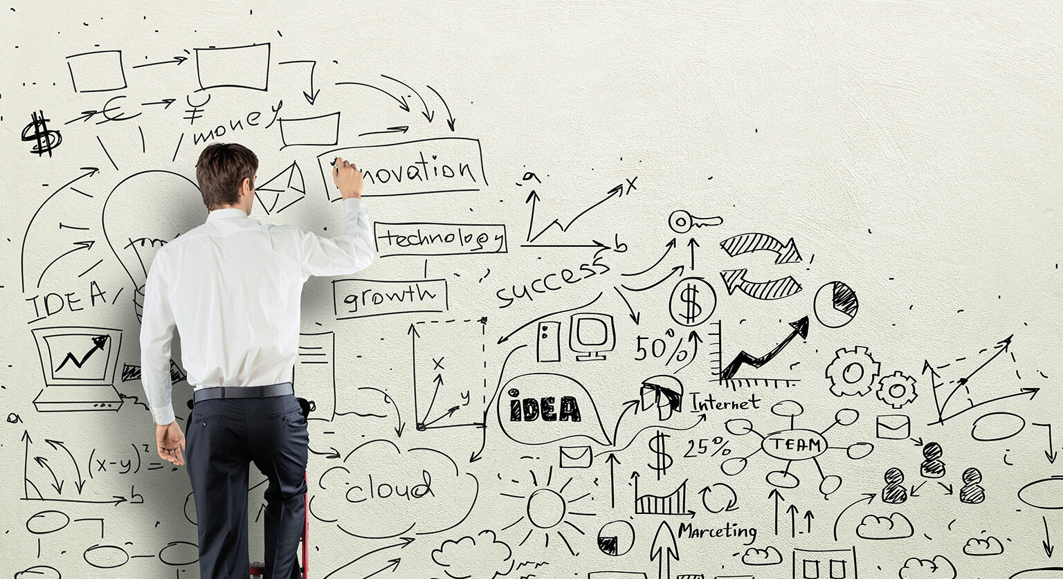 A man on a ladder drawing a business plan on a wall