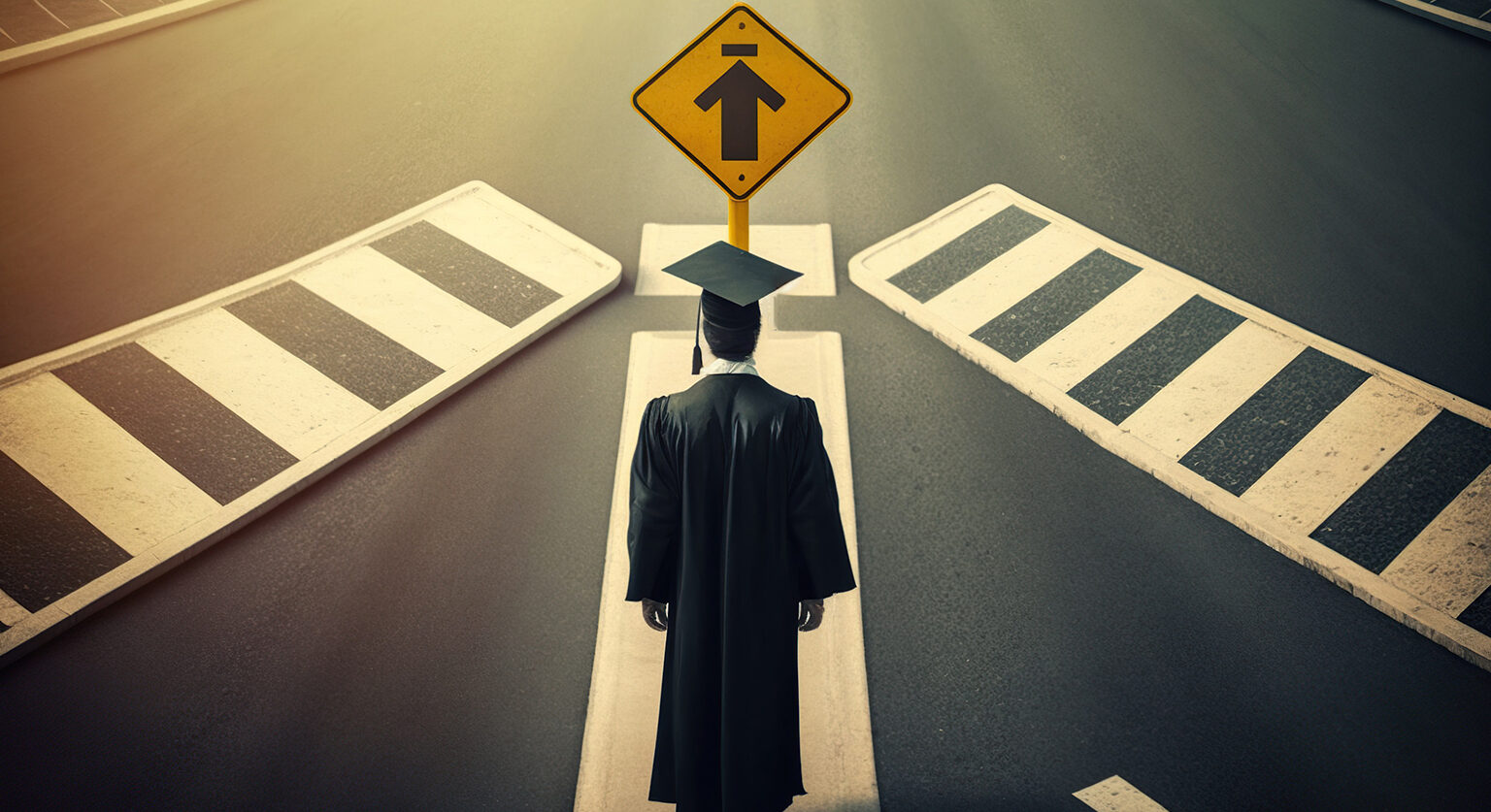 A graduate in their cap and gown standing at a crossroads  with an arrow sign in front of them