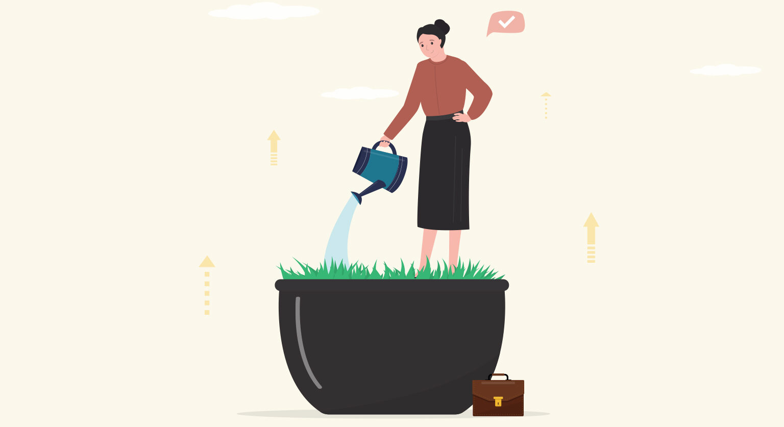 A woman standing in a plant pot watering it