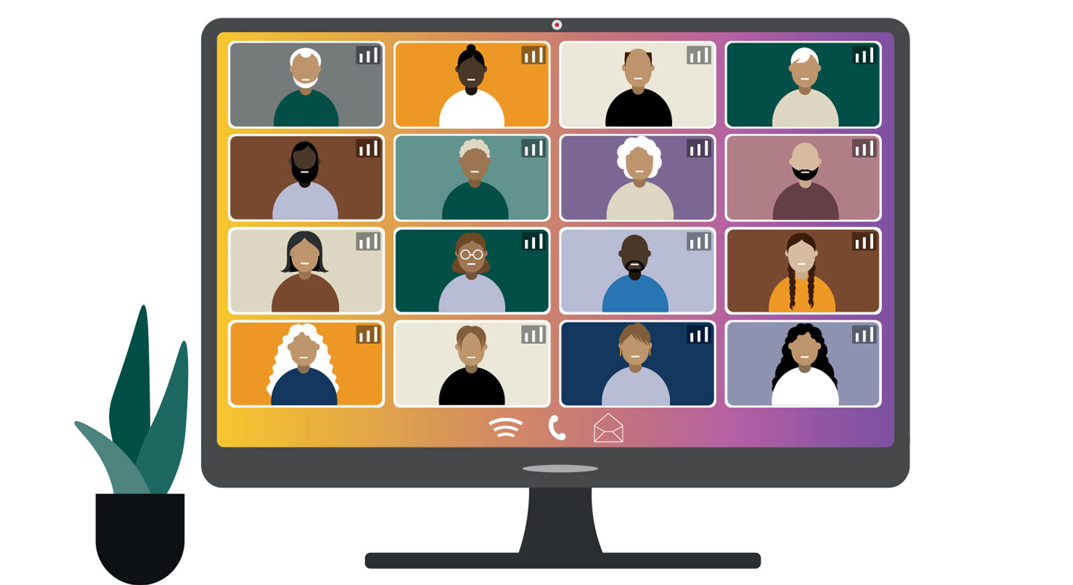 A computer screen with many callers on a video call.
