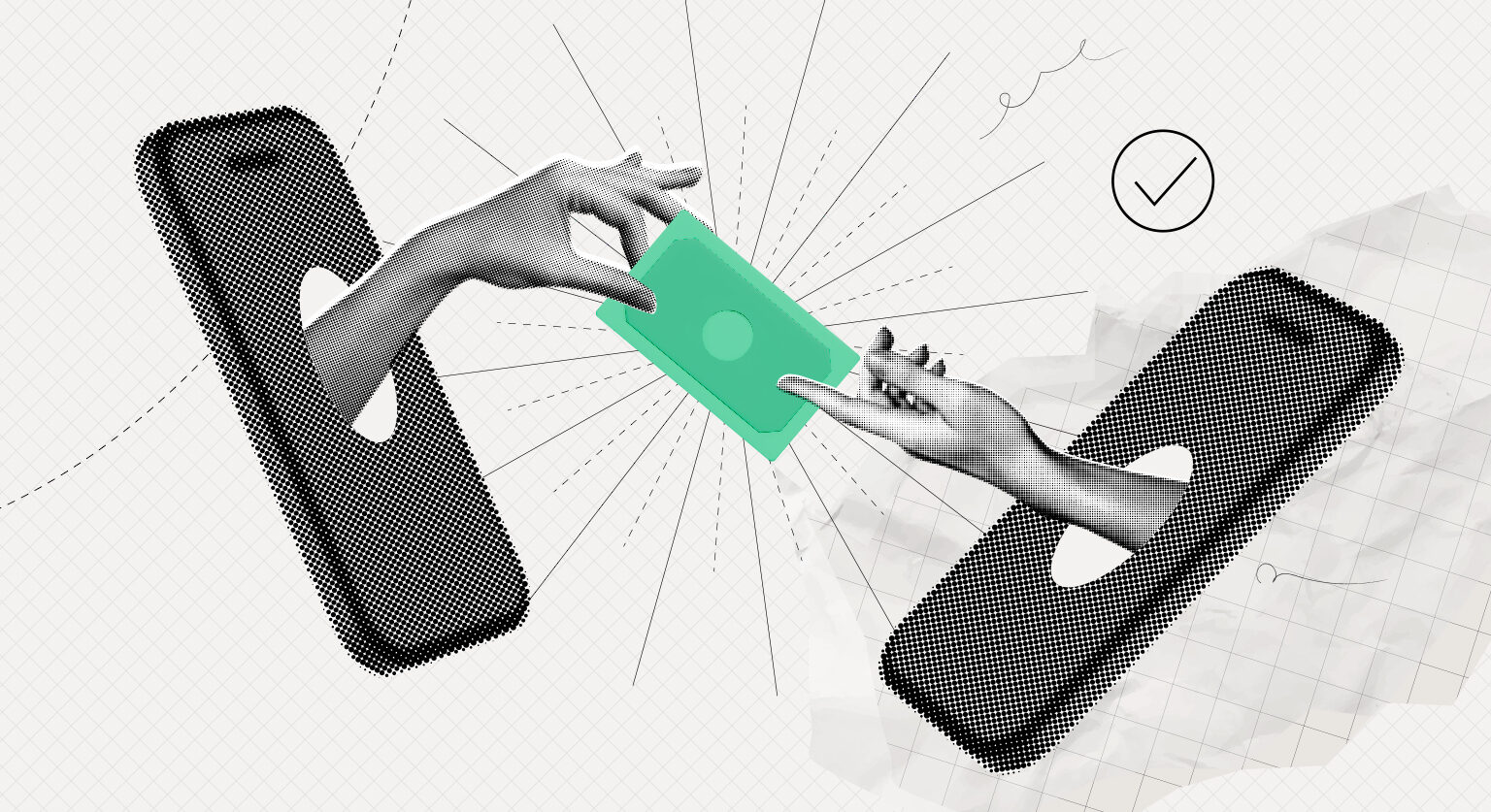 Two hands coming out of two phones passing a note between them
