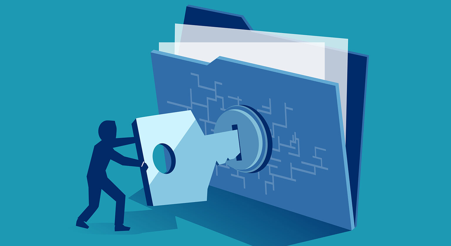 A man opening a big file folder with a key