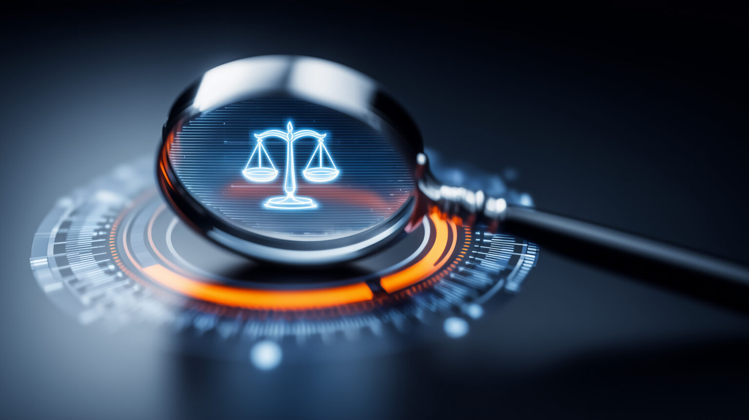 Pictured is a magnifying glass suspended over a symbol of the scales of justice symbol surrounded by a compass, representing audit compliance in a changing regulatory environment.