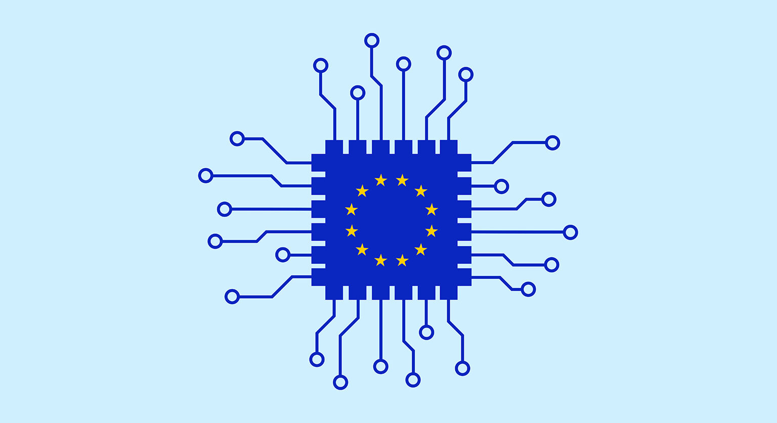 A blue-hued graphic depicting the 12 golden stars of the European flag superimposed on to a motherboard.